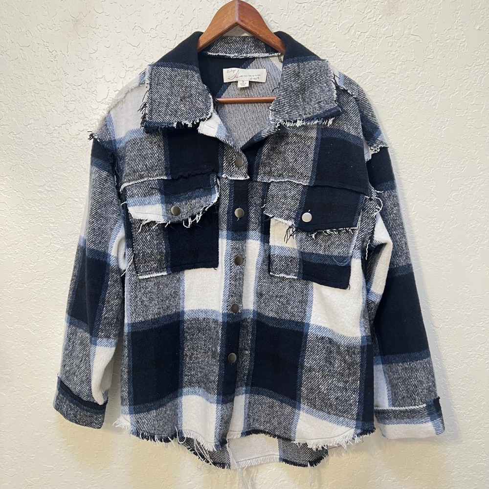 Vintage Havana Blue Plaid Fringe Shacket Distressed Raw Hem Women S Boho Western